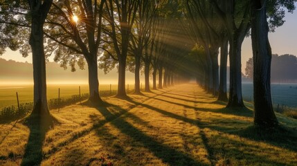 Obraz premium Row of trees casting elongated shadows during a tranquil sunrise