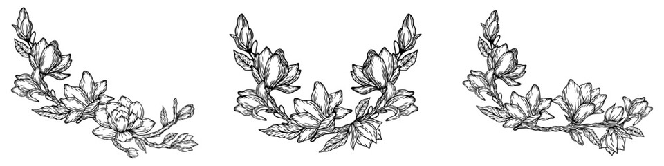 Fototapeta premium Luxury botanical wedding frame elements. Set of rounded shapes, magnolia flowers, magnolia leaves and branches. Elegant foliage design for wedding, cards, invitations, congratulations