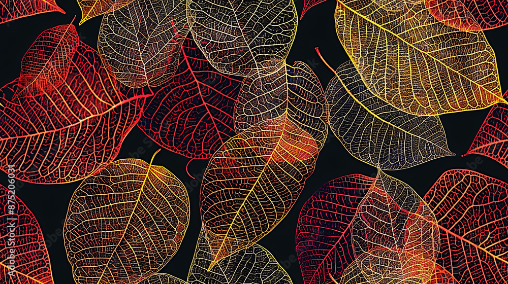 Poster vibrant autumn leaves skeletons with intricate vein patterns in a seamless design
