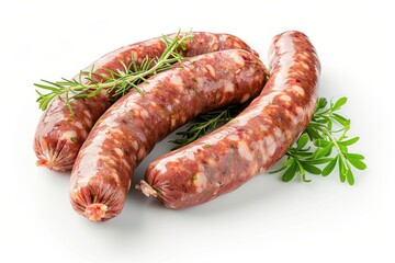 fresh sausages, butcher's selection element, realistic digital rendering, plump and savory, isolated on white background