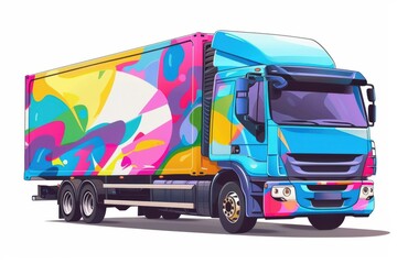 colorful transport truck, vibrant logistics element, detailed illustration, bright and eye-catching, isolated on white background