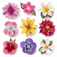 Set of Nine Realistic Floral Illustrations with Vibrant Colors and Intricate Details
