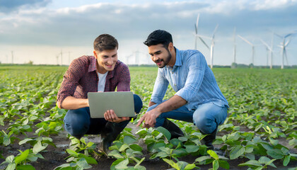 Two men crouching in soy field using computer. Farmer and businessman looking at sprout. Generative AI.