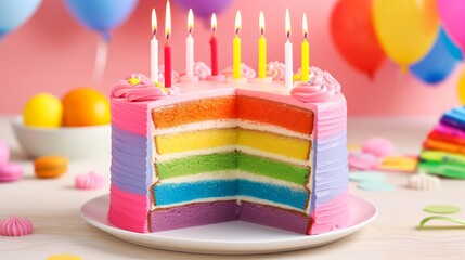 A colorful cake with candles on it, with a slice missing. The cake is on a white plate and surrounded by balloons