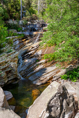 Aïtone forest, river and waterfall, Evisa, Corsica, France. Numerous natural pools and the Aïtone waterfalls, forest with old Laricio pines