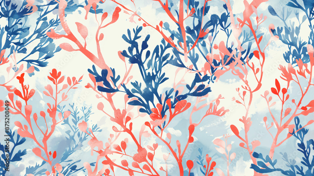 Poster abstract composition with watercolor painting featuring seamless pattern of blue and red algae