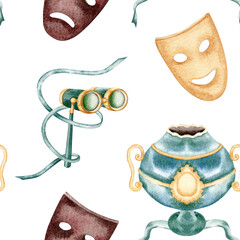 Seamless pattern with theatre comedy and tragedy masks, opera binoculars, and an antique vase. Vintage hand drawn watercolor illustration isolated on transparent background. For fabrics or wallpapers