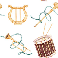 Seamless pattern with antique musical instruments. Lyre, drum and fanfare trumpets. Vintage style...
