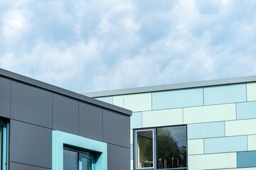 modern office building with blue-green windows