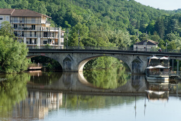 View of the streets and houses of the French town of Perigeuex in France in sunshine