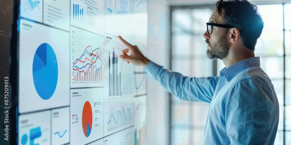 Poster a man uses a futuristic touchscreen interface displaying complex data and analytics in a high-tech s