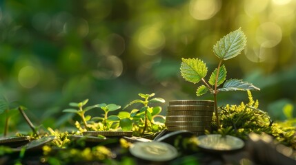 Obraz premium Stack of coins with small plant growing, symbolizing sustainable investment and financial growth in a natural environment.