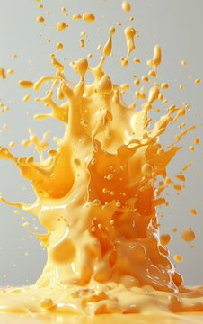 A vibrant splash of yellow liquid explodes against a light grey background, creating an abstract and dynamic image.