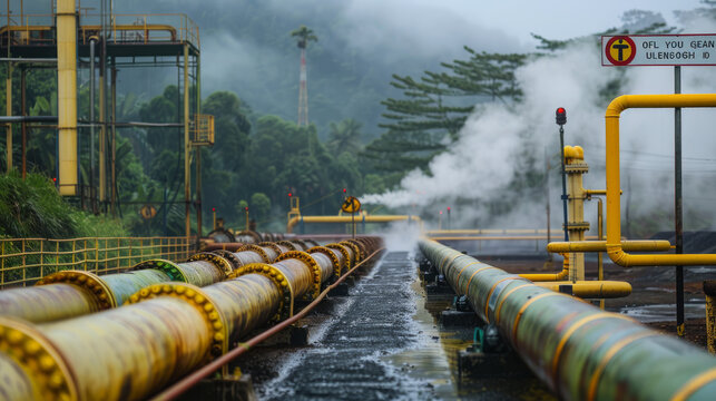 Ulumbu Geothermal Power Plant in Manggarai, Indonesia, has pipes with very high pressure and temperature. These pipes are dangerous and have safety signs to warn people to be careful.