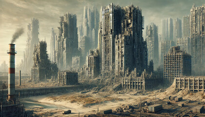 Post-Apocalyptic Cityscape with Dilapidated Buildings