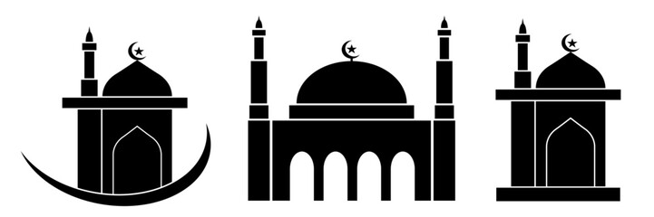 mosque symbol silhouette, islamic simple logo for simple design illustration vector of traditional celebration greeting card. ornament graphic art of masjid shape for indonesian invitation card 