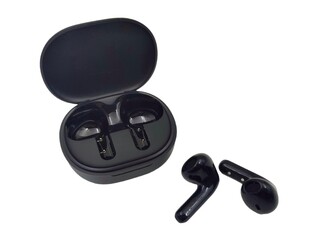 Top view of black wireless bluetooth earphones, isolated on white background.