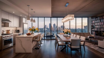 Fototapeta premium Modern condo kitchen dining and living room