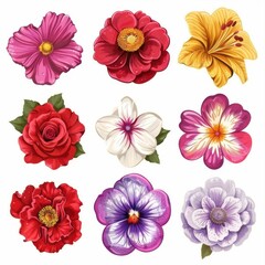 Set of nine detailed and colorful flower illustrations with vibrant colors and a variety of species.