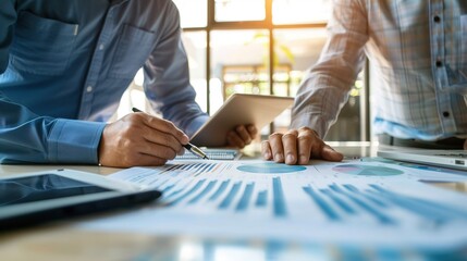 Two colleagues discussing data working and tablet, laptop with on on architectural project