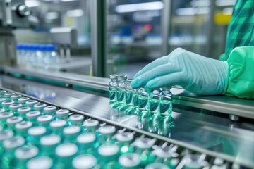 Pharmacist scientist with sanitary gloves examining medical vials on a production line conveyor belt. ai generative