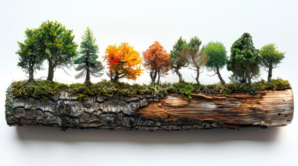 A detailed miniature forest with various trees growing on a fallen log, showcasing natural beauty and creative botanical art