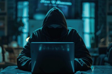 anonymous computer hacker wearing a dark hoodie, stealing data from a laptop. ai generative