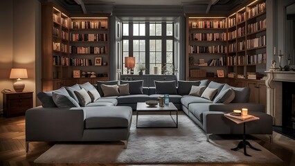 Elegant living room interior with a grey sofa, wooden shelves