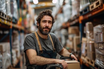 man working in a Wearhouse with box over a hand trolley with a big parcels. ai generative