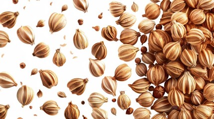 Obraz premium Coriander seeds closeup clipart, detailed element, vector design, brown shades, isolated on white background