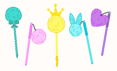 Cute bright hand drawn set of pens with fluffy pompoms Creative school supplies with glamorous decor