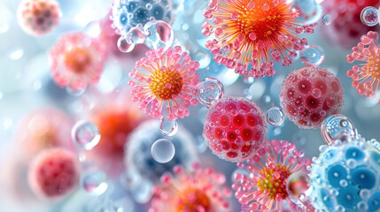 Fototapeta premium Detailed illustration of colorful microscopic viruses and bacteria, highlighting the complexity and diversity of microscopic organisms