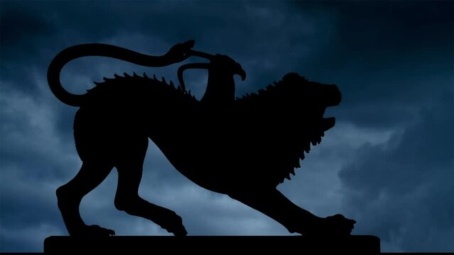 Thunderstorm and Lightning Flash over the ancient Roman bronze statue depicting Chimera, the mythology creture