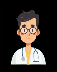 Fototapeta premium Doctor wearing glasses and white coat with stethoscope. Professional character portrait icon vector art isolated on a transparent background.