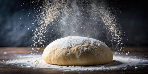 Close-up of freshly made dough with flour sprinkled on top, baking, cooking, culinary, raw, ingredients, homemade