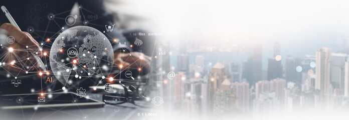 Digital marketing, internet network connection, global business. Businessman using digital tablet computer connecting the internet with online marketing, data exchange