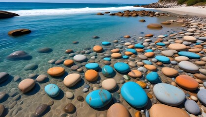 Beautiful colourful water stones and blue water at beach