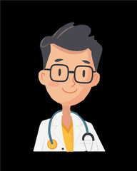 Fototapeta premium Young doctor wearing eye glasses and stethoscope around his neck and white medical coat. Professional character portrait icon vector art isolated on a transparent background.