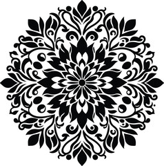 a silhouette image of a floral mandala on a clean white background. The mandala should feature a central flower motif with petals radiating outward, incorporating additional layers of leaves