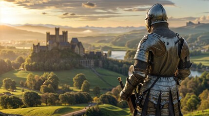 Photo of a knight on a beautiful landscape. AI generated.