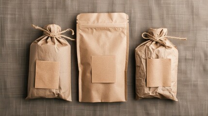 Eco-Friendly Kraft Paper Food Packaging on Natural Fabric Background in 4K Resolution - Versatile and Sustainable Concept, Generative Ai