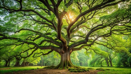 Close-up of a majestic oak tree in a lush green forest, nature, environment, plant, tree, forest, green, leaves, wood