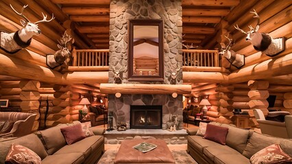Luxury log cabin house interior. Living room with fireplace