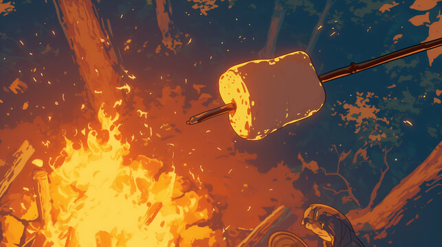 Scene, close-up, illustration of grilling marshmallow skewers with direct fire on bonfire