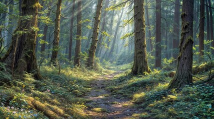 Obraz premium Beautiful and peaceful forest with pathway. AI generated.