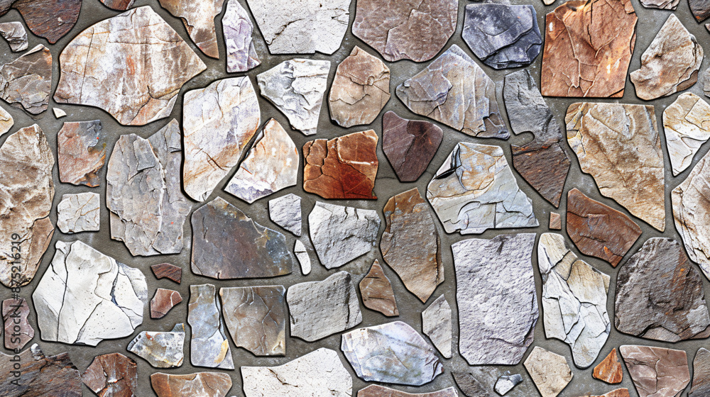 Poster Natural stone wall cladding with irregular pieces in brown and grey, creating a seamless texture