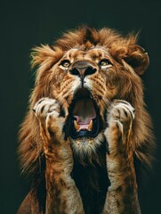 Fototapeta premium A very surprised and shocked lion with its mouth open and paws touching its head. Funny inspired animal