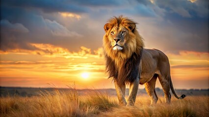 Majestic lion standing proudly in the savannah, lion, panthera, wildcat, feline, predator, mane, safari, Africa, wildlife