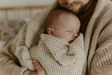 A man holds a baby wrapped in a blanket. Concept of warmth and love between the man and the baby