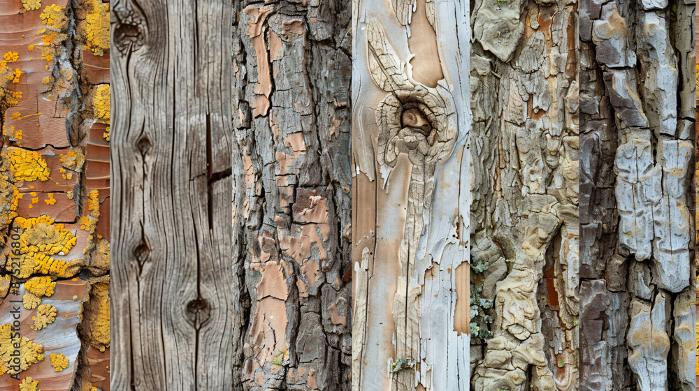 Poster variety of colors and grain patterns in a collage of tree bark and wood textures